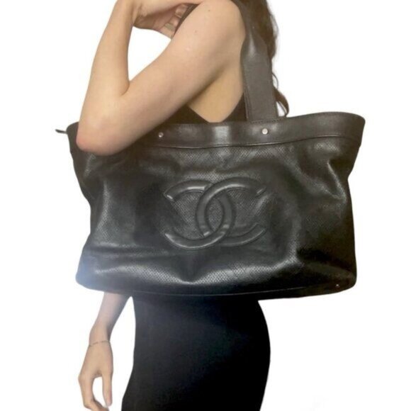 CHANEL Handbags - Authentic CHANEL CC Large Executive Perforated Leather Tote Shoulder Bag Black